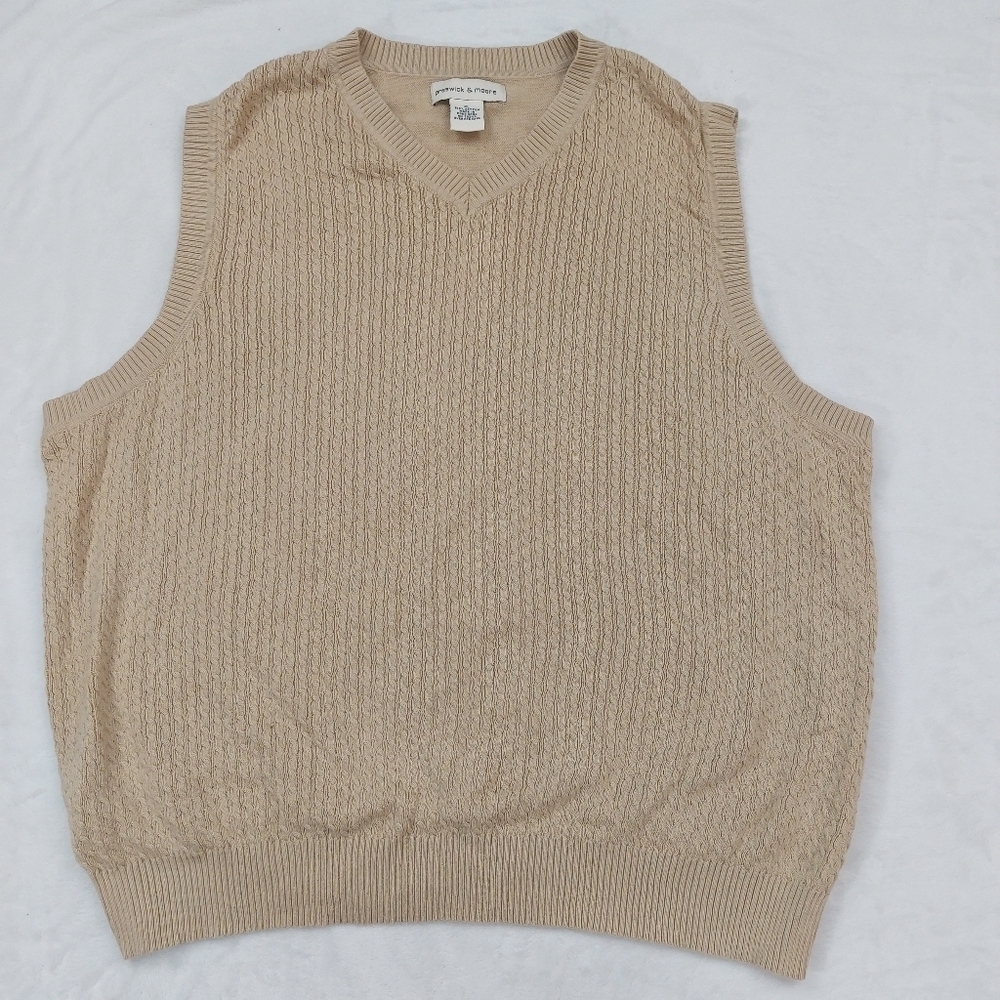 PRESWICK & MOORE MENS VINTAGE TAN CABLE KNIT V-NECK PULLOVER SWEATER VEST SZ XL